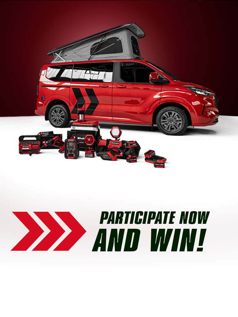 A red camper van with an open pop-up roof stands on a white surface, in front are Einhell cordless tools. At the bottom, it says: “PARTICIPATE NOW AND WIN!” next to three red arrows.