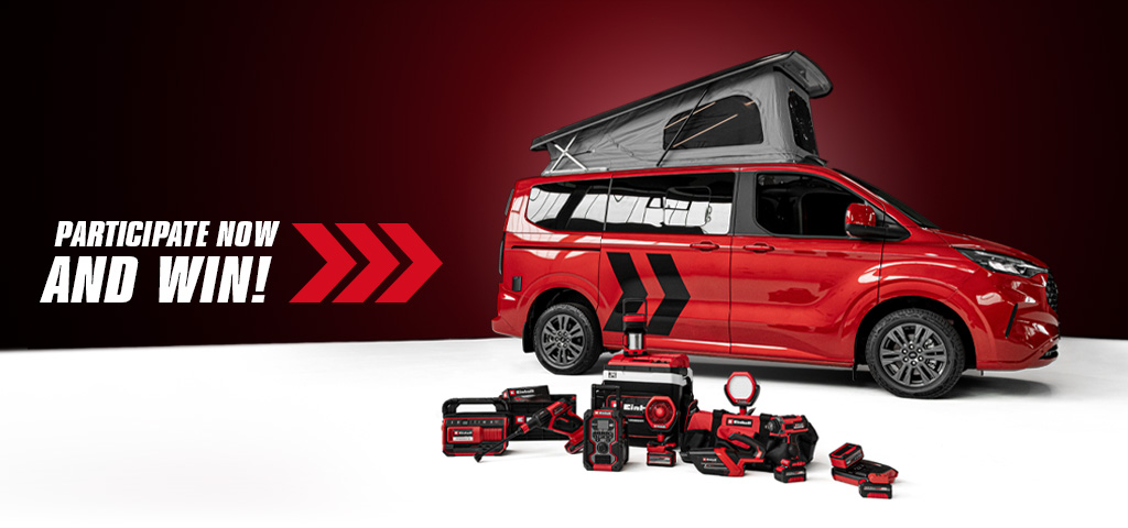 A red camper van with an open pop-up roof stands on a white surface, in front are Einhell cordless tools. On the left, white text reads: "PARTICIPATE NOW AND WIN!"