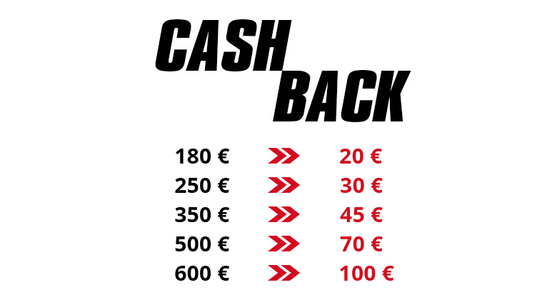Schwarze Großbuchstaben 'CASH BACK' über einer Liste mit fünf Euro-Beträgen in Schwarz links und entsprechenden roten Euro-Beträgen rechts, verbunden durch zwei rote Pfeile.