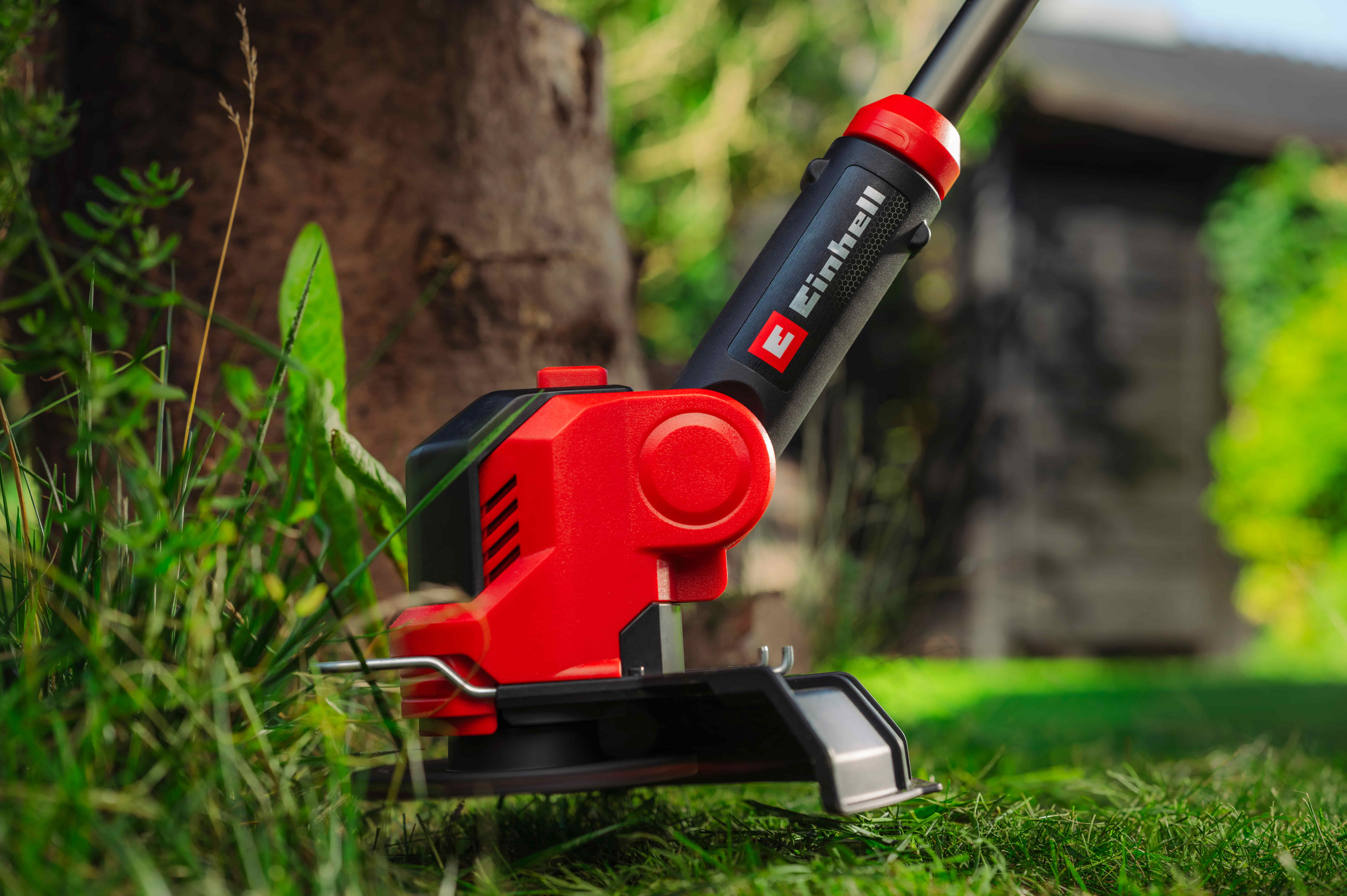 Roter Einhell Akku-Rasentrimmer schneidet Gras entlang einer Gartenkante neben einem Baum.