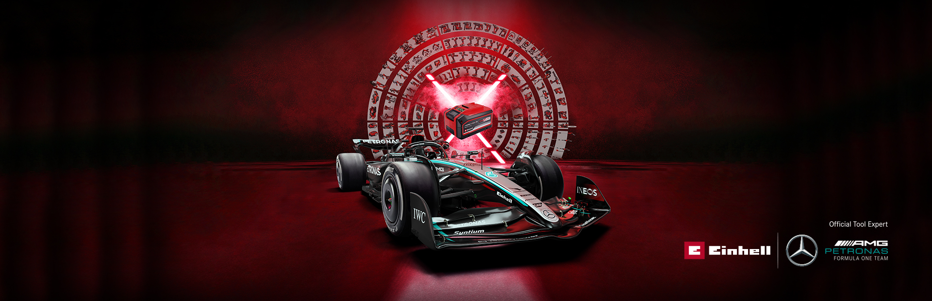 Formula 1 Mercedes race car with the Power-X-Change circle. 