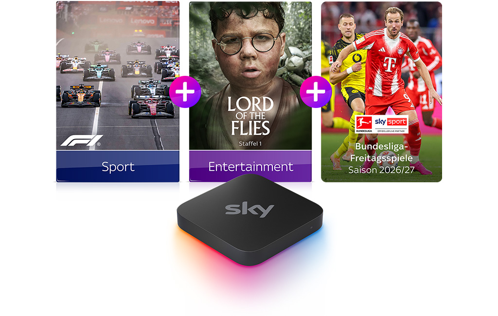Three cards showing content: left Formula 1 “Sport”, center “LORD OF THE FLIES Season 1”, right football “Bundesliga Friday matches Season 2026/27”, with a Sky box below.