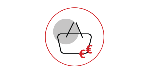 Red circle with a shopping cart symbol and two euro signs in the foreground, with a light circle behind.