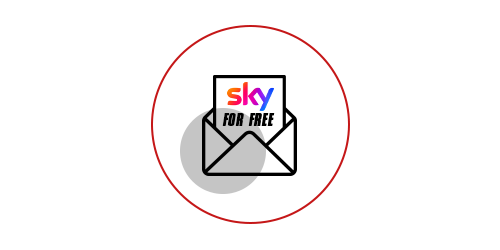 Red circle with an open envelope and a card labeled “sky FOR FREE”, with a light circle.