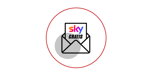 Roter Kreis mit geöffnetem Briefumschlag und Karte mit der Aufschrift „sky GRATIS“, davor ein heller Kreis.