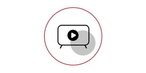 Red circle with a stylized TV and play icon in the center, with a light circle in the background.