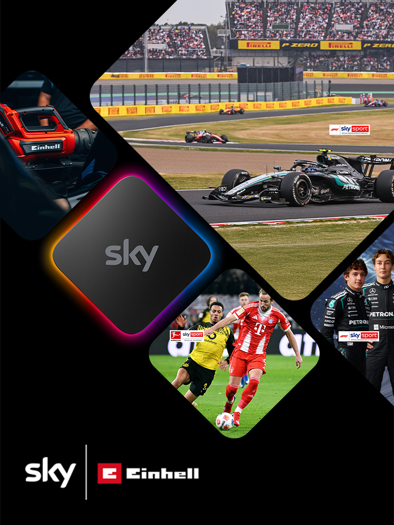 Collage with Sky logo, Einhell tool, Formula 1 car, football scene, and two racing drivers in black suits.