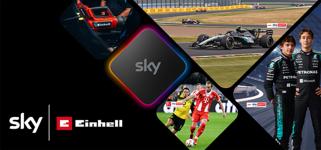 Collage with Sky logo, Einhell tool, Formula 1 car, football scene, and two racing drivers in black suits.