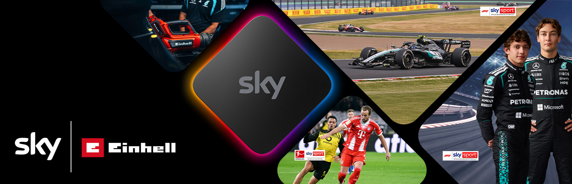 Collage with Sky logo, Einhell tool, Formula 1 car, football scene, and two racing drivers in black suits.