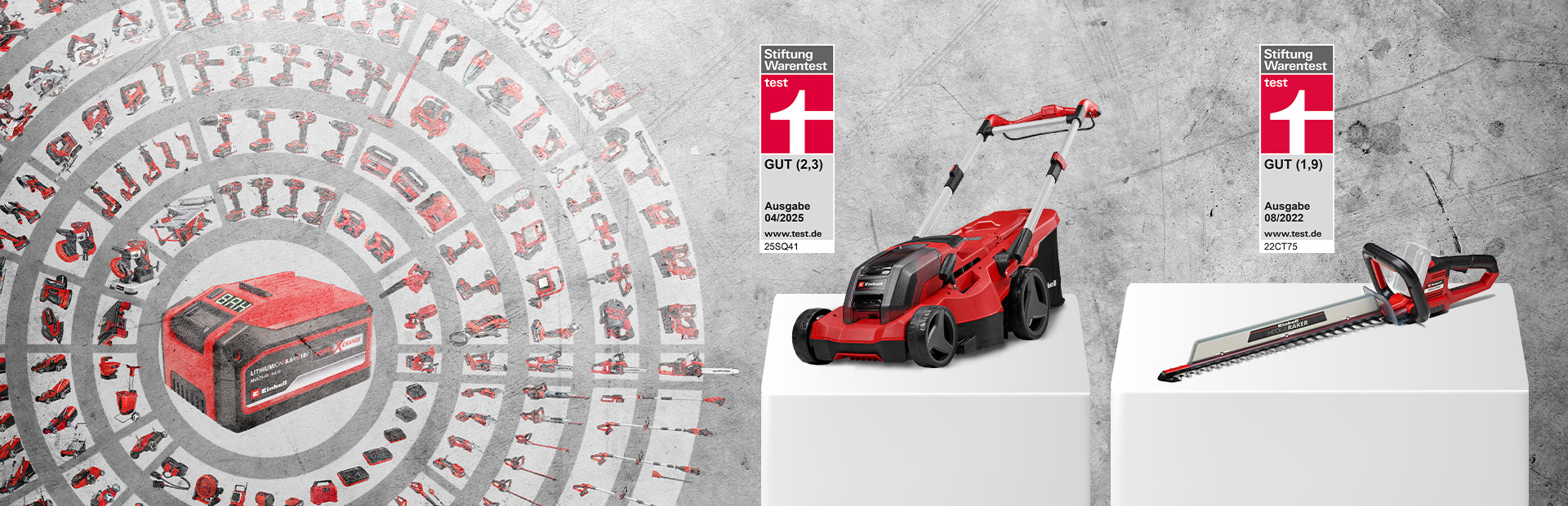 An Einhell cordless lawn mower and cordless hedge trimmer on white pedestals in front of a concrete wall. To the left, a Power X-Change battery with icons of compatible tools. The lawn mower was rated GOOD (2.3) by Stiftung Warentest, issue 04/2025. The hedge trimmer was rated GOOD (1.9), issue 08/2022.