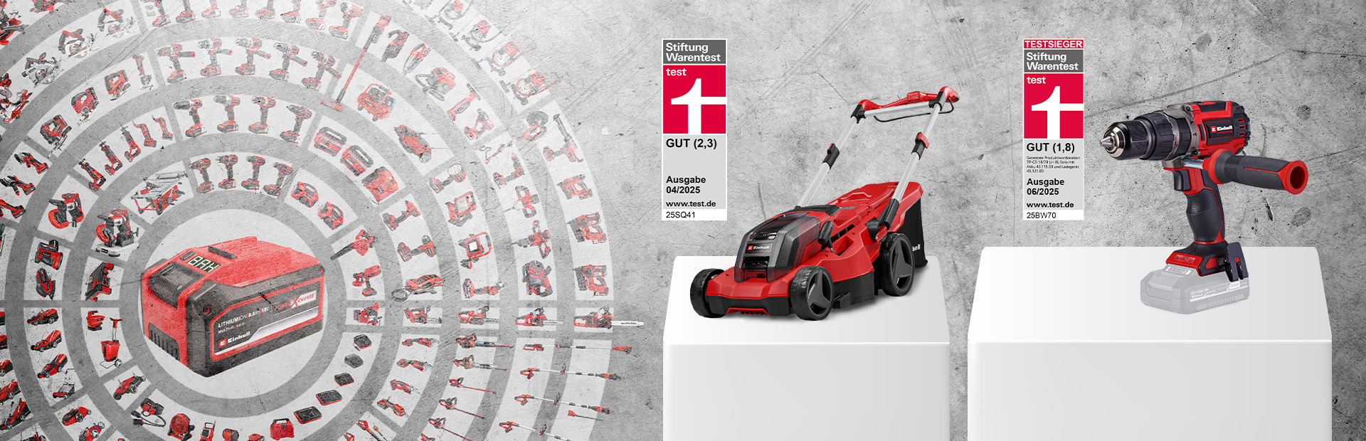 wei Einhell-Produkte auf weißen Sockeln vor grauem Hintergrund: links der Einhell Professional Akku-Rasenmäher GP-CM 36/450 mit dem Stiftung Warentest-Urteil GUT (2,3), Ausgabe 04/2025. Rechts daneben der Einhell Professional Akku-Schlagbohrschrauber TP-CD 18/70 Li-i BL - Solo mit dem Testurteil GUT (1,8), Ausgabe 06/2025. Im Hintergrund sind viele weitere Einhell-Geräte kreisförmig angeordnet.