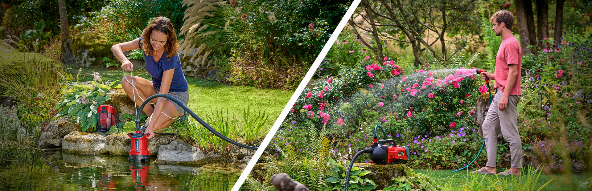 Zwei Gartenanwendungen nebeneinander: Links pumpt eine Frau mit einer Einhell Akku-Wasserpumpe Wasser aus einem Teich. Rechts bewässert ein Mann mit einer Einhell Gartenpumpe bunte Blumen im Garten.