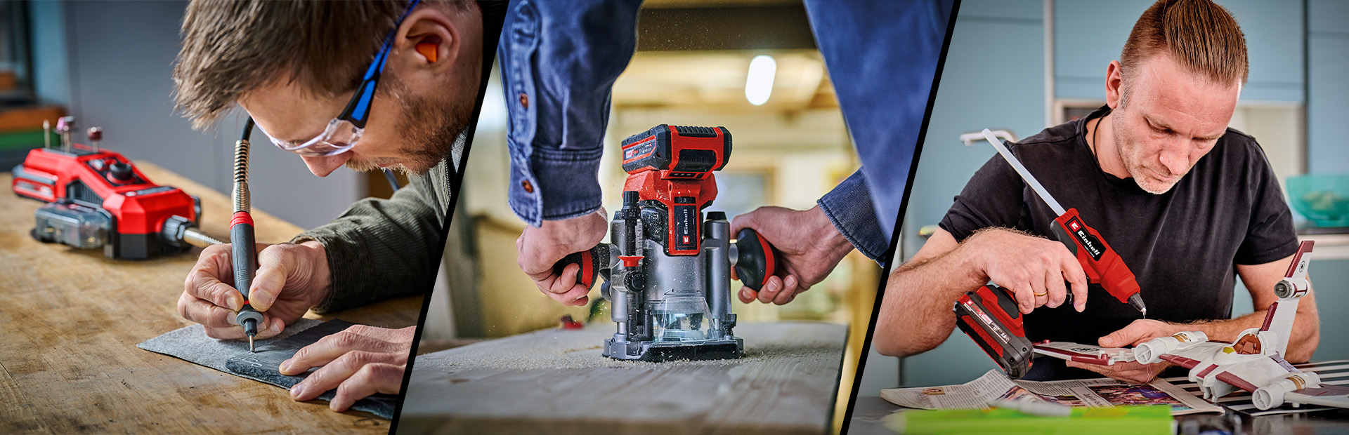 Three men using Einhell tools for precise tasks: engraving on stone, routing wood, and gluing a toy airplane.