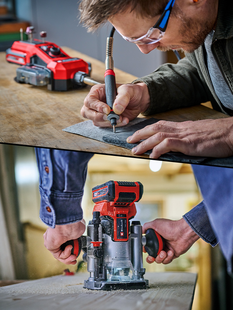 Two men working precisely with Einhell tools: engraving tool at the top, router on wood at the bottom.