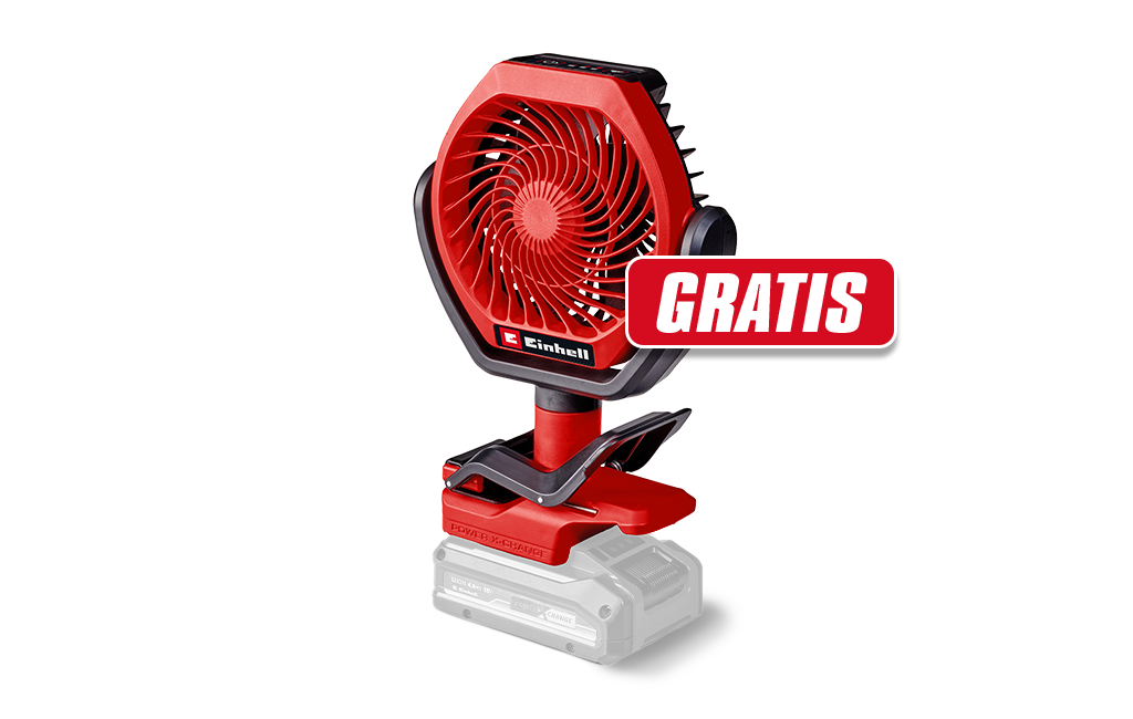 Der Einhell Akku-Ventilator GC-CF 18/110 Li-Solo mit dem Text „GRATIS“ auf grauem Hintergrund.