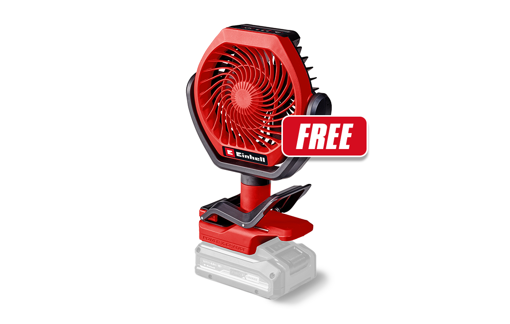 The Einhell cordless fan GC-CF 18/110 Li-Solo with the text “FREE” on a grey background.