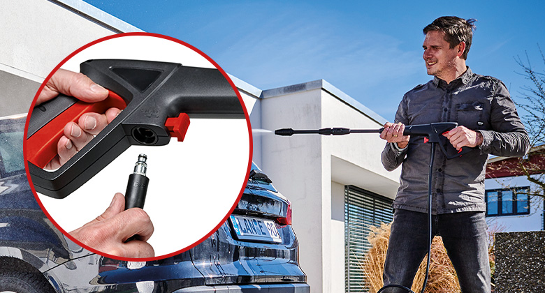 A man uses a pressure washer for car cleaning, with a detailed view of the quick coupling.