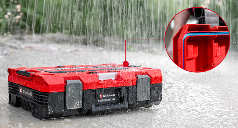 A red Einhell E-Case tool case stands in the rain; a circular detail shows the sealing gasket on the lid.