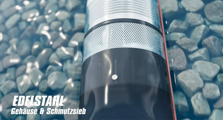 Tiefbrunnenpumpe mit Edelstahl-Schmutzsieb in einem schmalen Rohr in der Erde. Der Text im Bild: Edelstahl Gehäuse und Schmutzsieb.