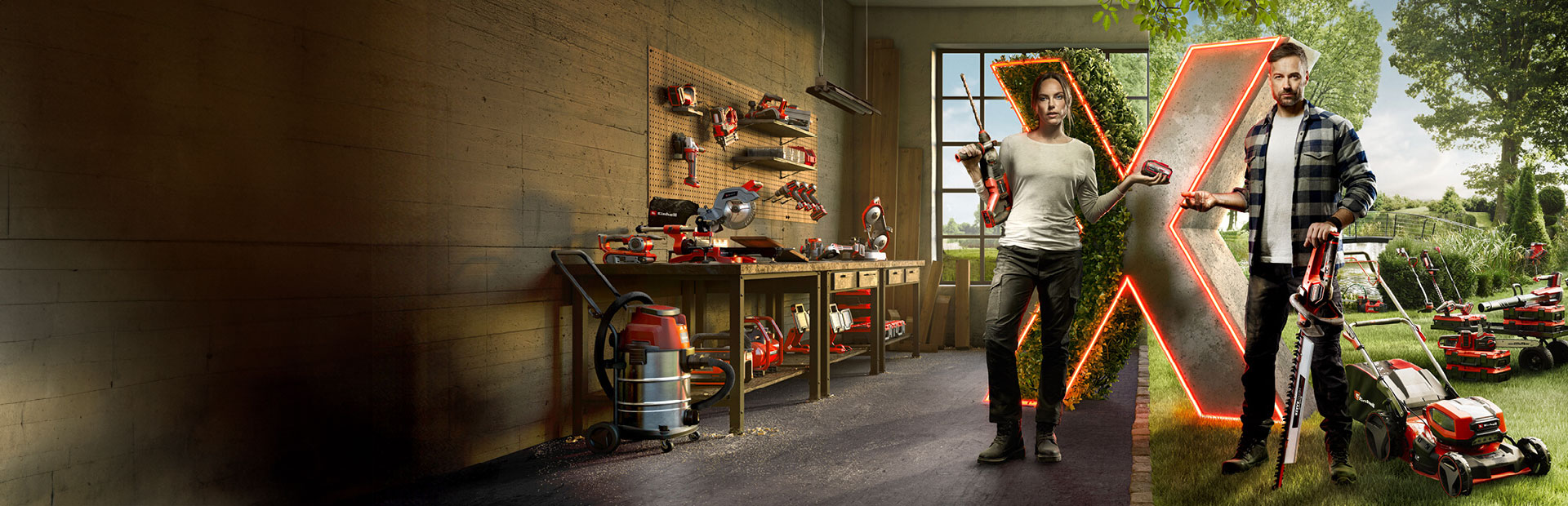 Startpage image of two people surrounded with tools and garden devices.