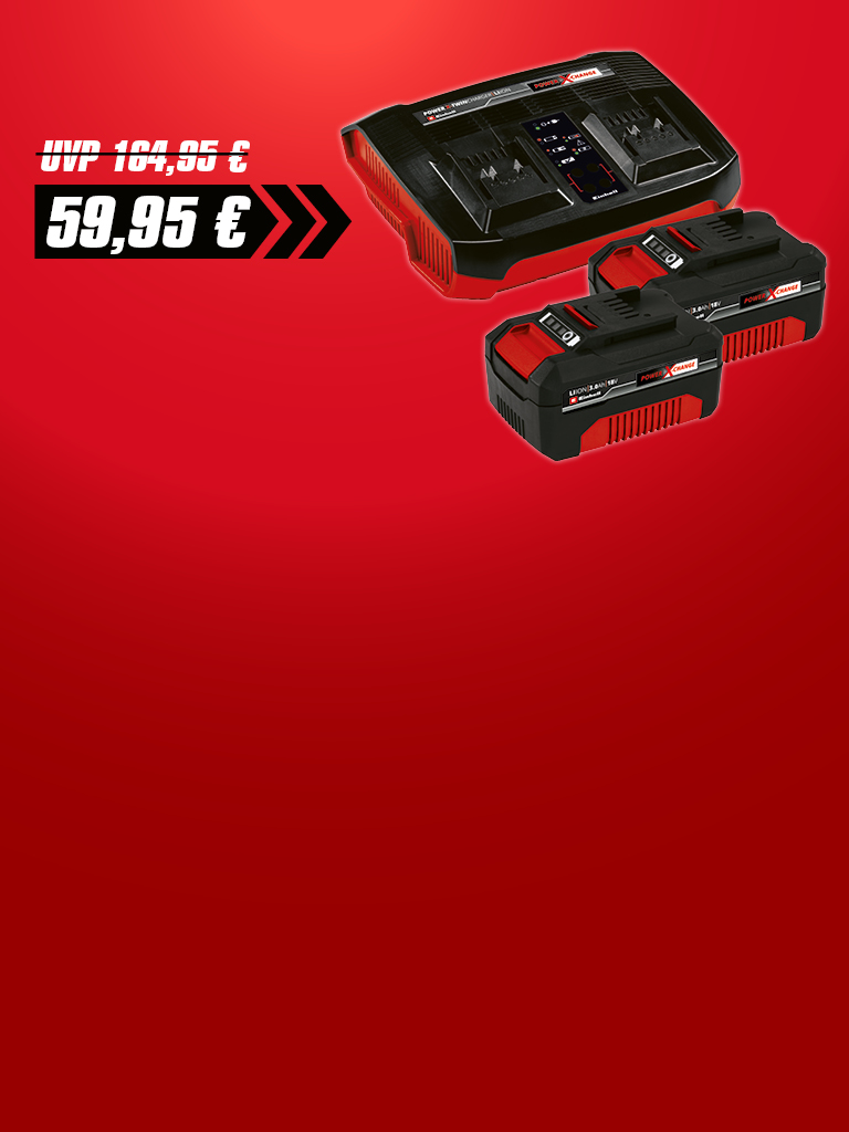 Eine Werbegrafik zeigt ein Einhell-Twincharger-Set mit zwei 3,0-Ah-Akkus zum Preis von 59,95 €, reduziert von 104,95 €, auf rotem Hintergrund.