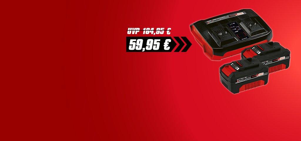 Eine Werbegrafik zeigt ein Einhell-Twincharger-Set mit zwei 3,0-Ah-Akkus zum Preis von 59,95 €, reduziert von 104,95 €, auf rotem Hintergrund.