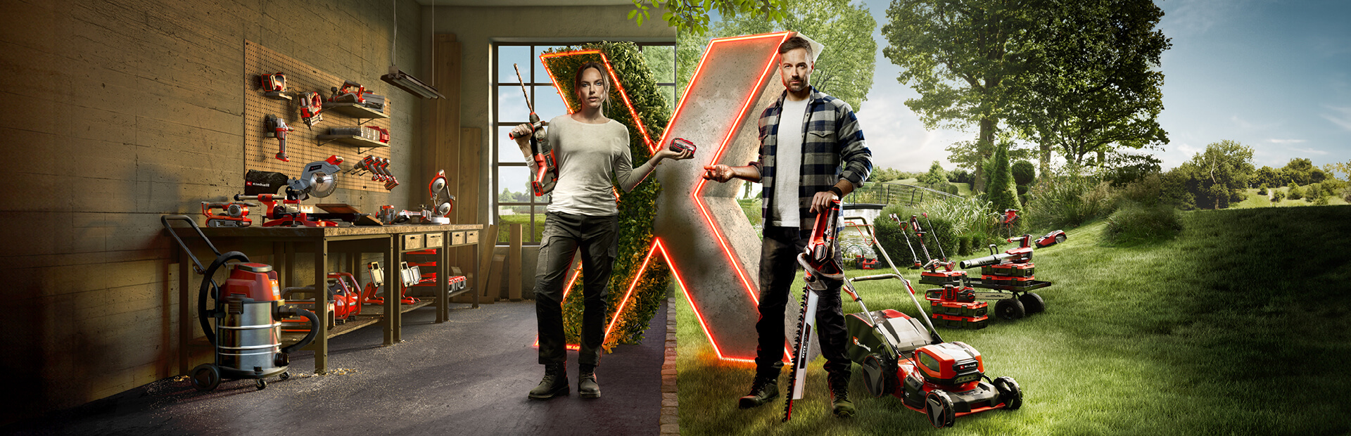 Zwei Personen stehen in einer Werkstatt und einem Garten, umgeben von verschiedenen Einhell Power X-Change Akkugeräten.