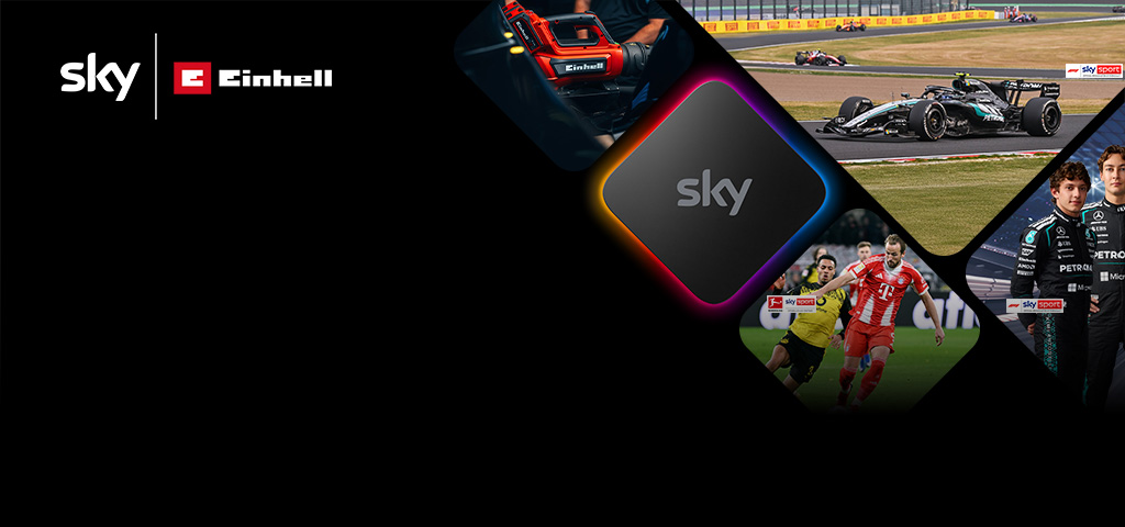 The banner is showing the Sky and Einhell logos, with angled tiles featuring motorsport, football and a power tool. A glowing central Sky icon visually connects the sports and technology themes.