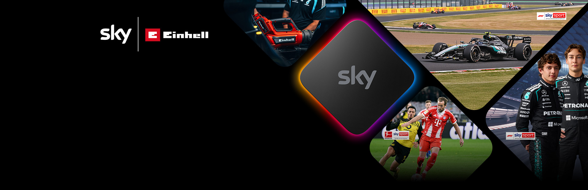 The banner is showing the Sky and Einhell logos, with angled tiles featuring motorsport, football and a power tool. A glowing central Sky icon visually connects the sports and technology themes.
