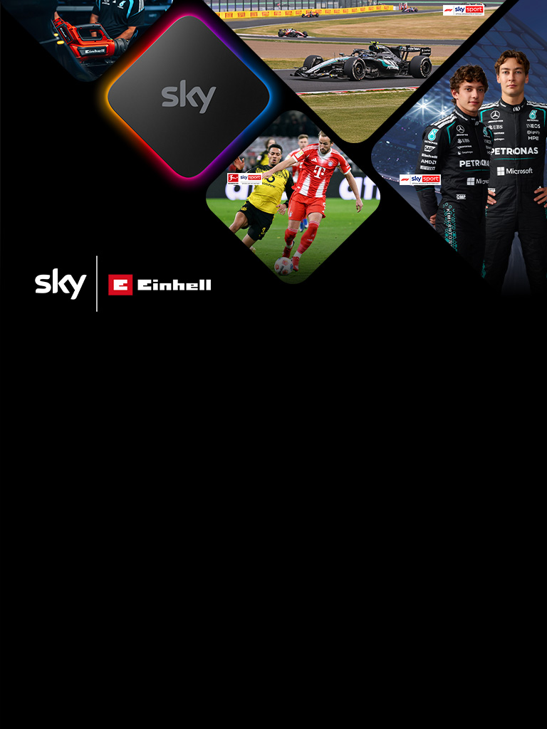 The banner is showing the Sky and Einhell logos, with angled tiles featuring motorsport, football and a power tool. A glowing central Sky icon visually connects the sports and technology themes.