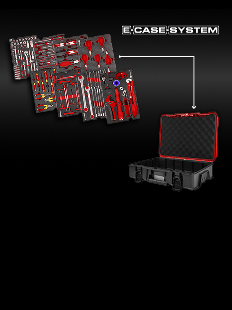 Das Bild zeigt mehrere modular angeordnete Werkzeugeinlagen mit rot‑grauen Handwerkzeugen. Rechts daneben befindet sich ein schwarzer Transportkoffer, zu dem die gezeigten Einsätze gehören. Oben rechts steht der Schriftzug „E‑CASE SYSTEM“.