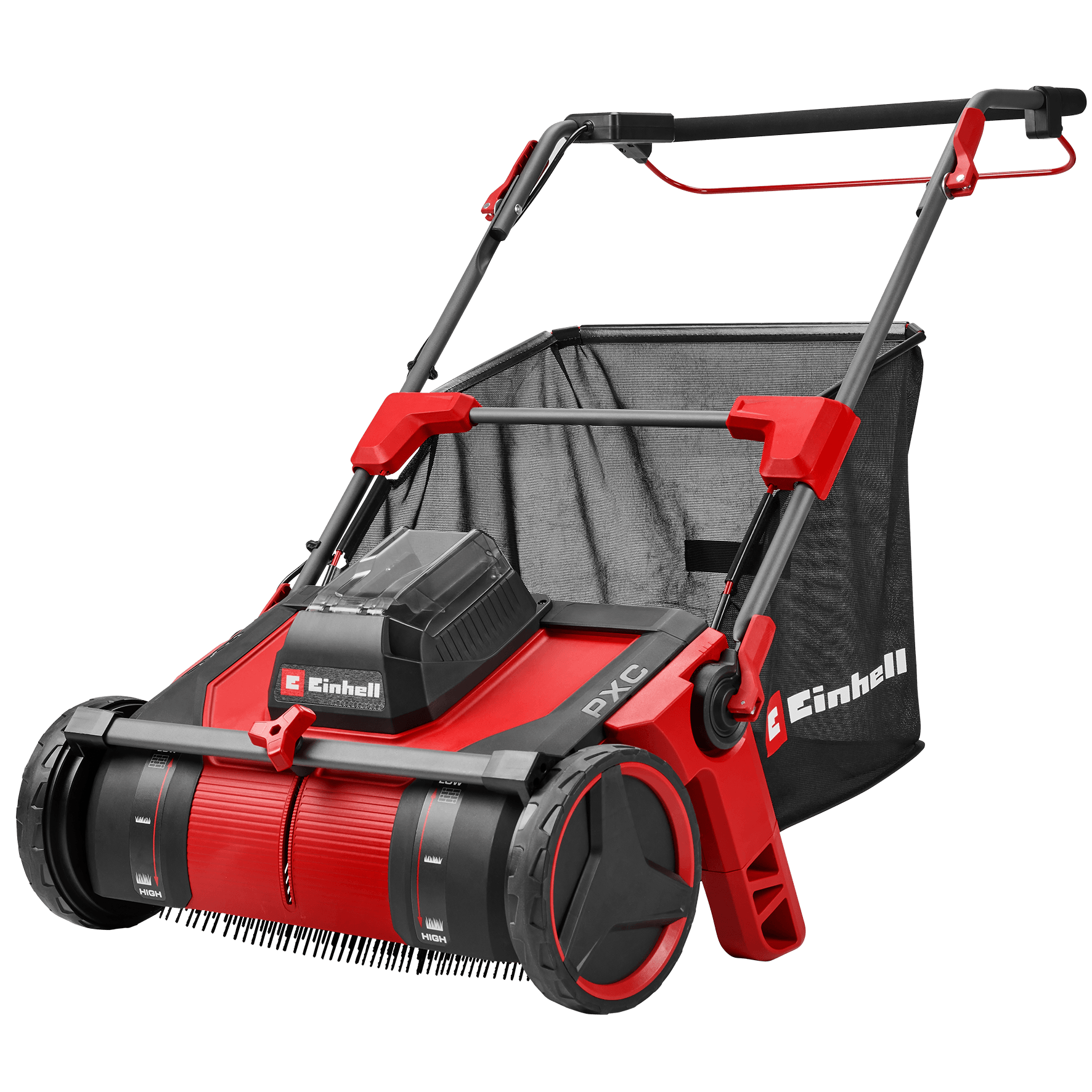Einhell Power X-Change Akku-Laubsauger mit großem Auffangbeutel, dargestellt in einer Vorderansicht.
