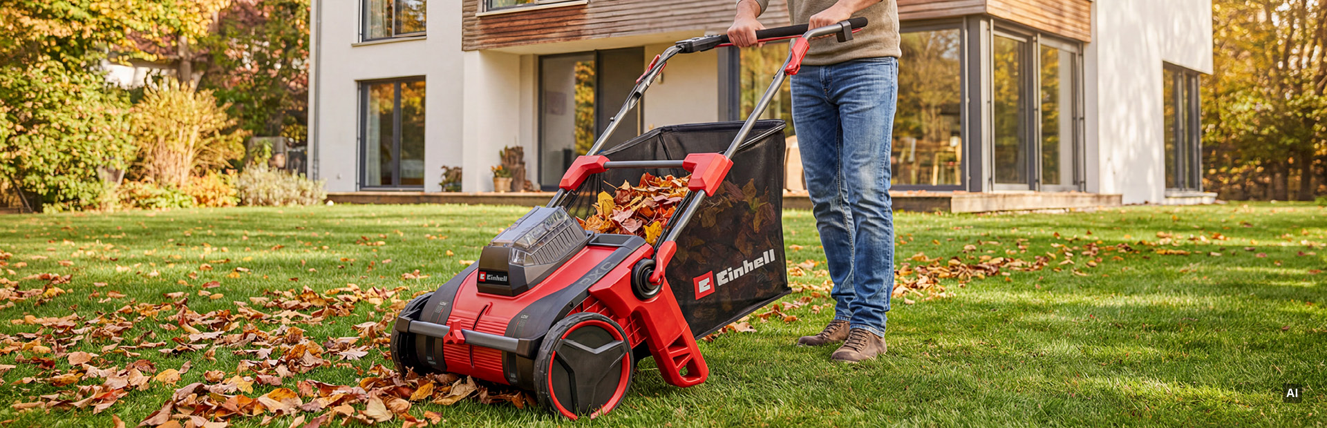 Ein Mann, der mit einem kabellosen Laubsauger der Marke Einhell Herbstlaub von einem Rasen vor einem modernen Haus aufsammelt.