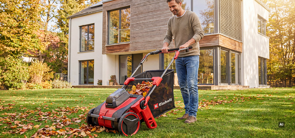Ein Mann, der mit einem kabellosen Laubsauger der Marke Einhell Herbstlaub von einem Rasen vor einem modernen Haus aufsammelt.