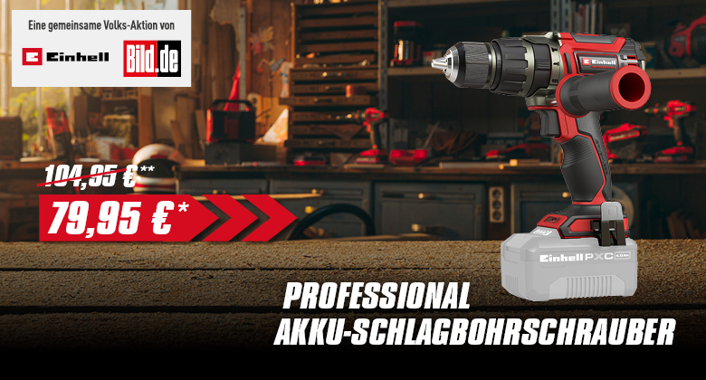 Einhell Professional cordless impact drill with a grayed-out battery and the promotional price €79.95 instead of €104.95.