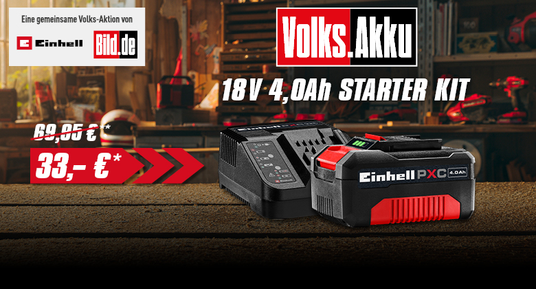 Einhell 18V 4.0Ah starter kit with battery and charger at a promotional price of €33 instead of €69.95.