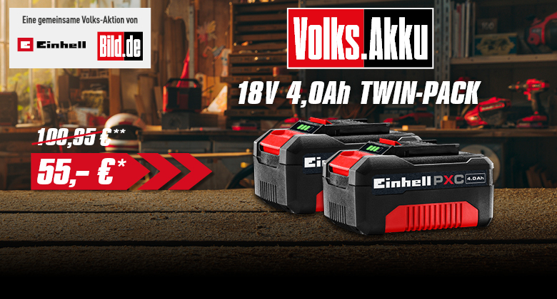 Einhell 18V 4.0Ah twin pack with two batteries at a promotional price of €55 instead of €109.95.