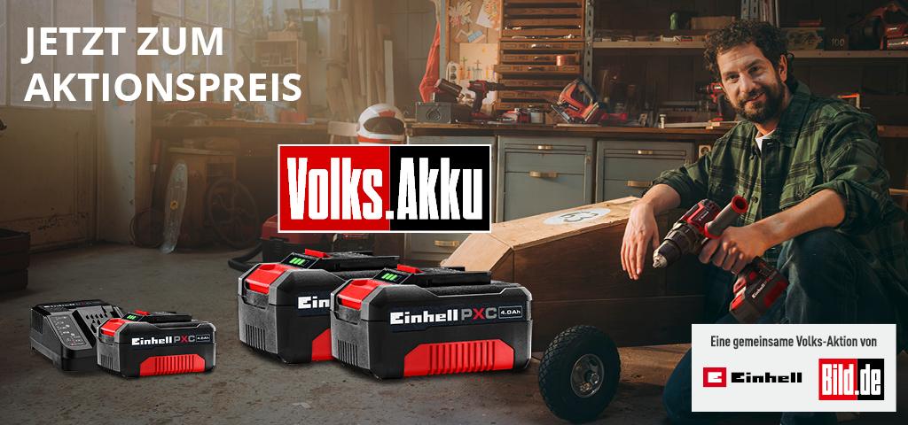 Promotional image with the text “Jetzt zum Aktionspreis” showing several Einhell Power X-Change batteries, including a charger and three 18V 4.0Ah batteries. A man with a cordless drill sits beside a homemade wooden vehicle.