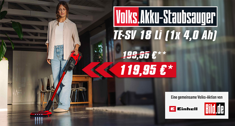 Einhell Akku-Staubsauger TE-SV 18 Li im Einsatz auf Boden; Text: „Volks.Akku-Staubsauger TE-SV 18 Li (1x 4,0 Ah) 119,95 €“.