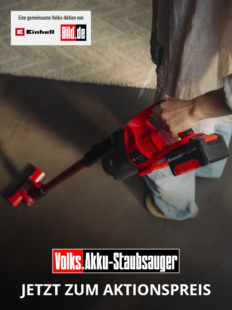 Einhell Akku-Staubsauger TE-SV 18 Li wird in der Hand gehalten; Text: „Volks.Akku-Staubsauger“ und „JETZT ZUM AKTIONSPREIS“.