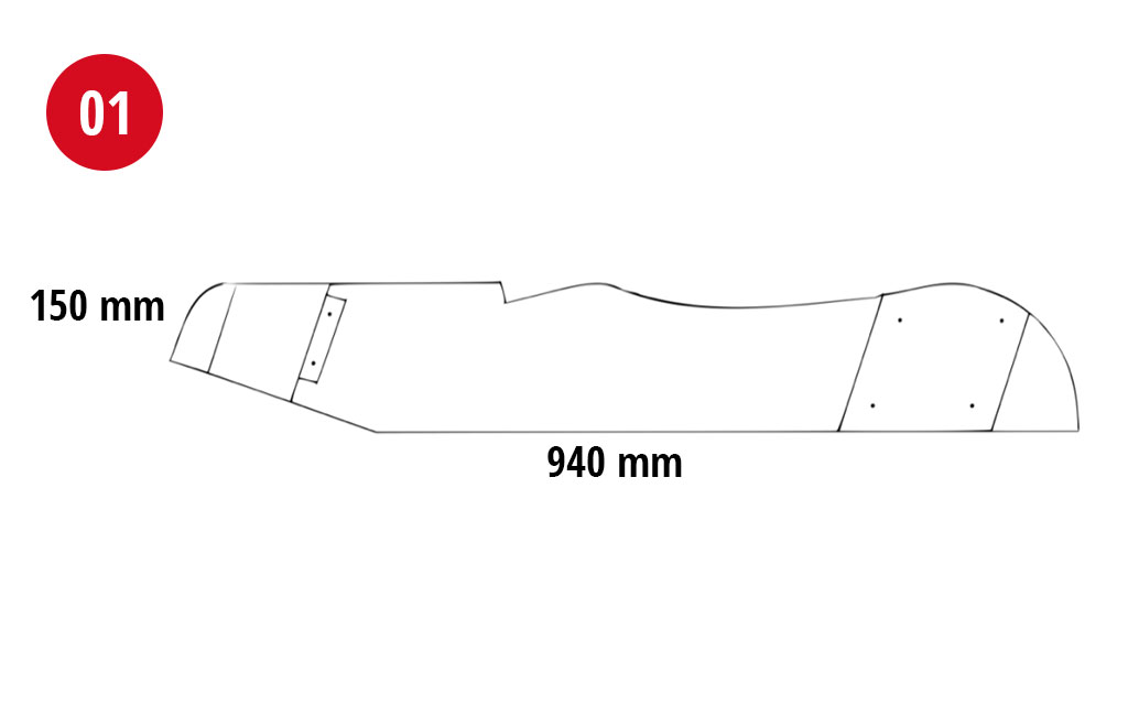 Technische Zeichnung mit der Nummer 01 zeigt ein Holzteil mit geschwungener Form, 940 mm lang und 150 mm hoch.