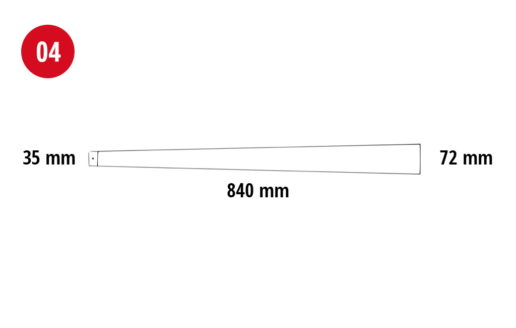 Technische Zeichnung mit der Nummer 04 zeigt ein schmales, trapezförmiges Holzteil, 840 mm lang.