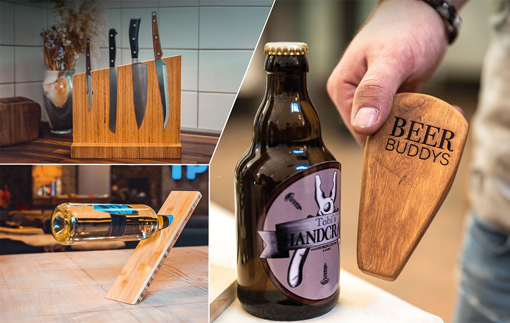 Drei Holzprodukte: ein Messerblock mit fünf Messern, ein schräger Weinflaschenhalter und ein Flaschenöffner mit Gravur „BEER BUDDYS“.
