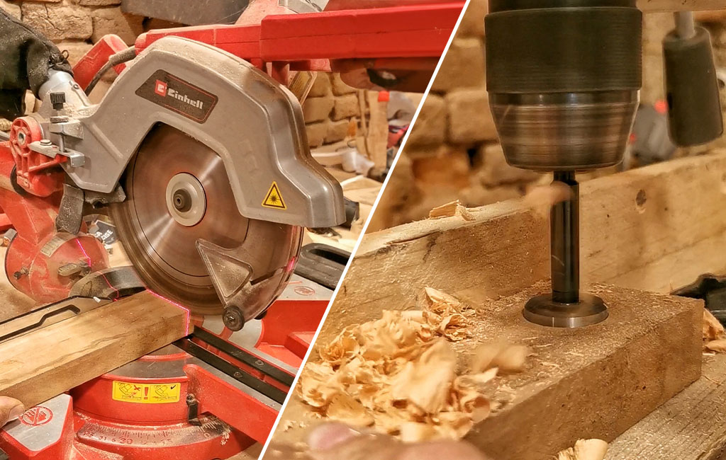 Links eine Einhell-Kappsäge im Einsatz, rechts ein Forstnerbohrer in der Nahaufnahme beim Bohren in Holz.
