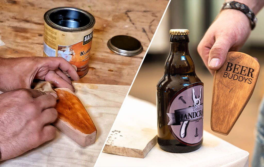 Links wird ein Holzstück mit Klarlack behandelt, rechts derselbe fertige Flaschenöffner neben einer Bierflasche.