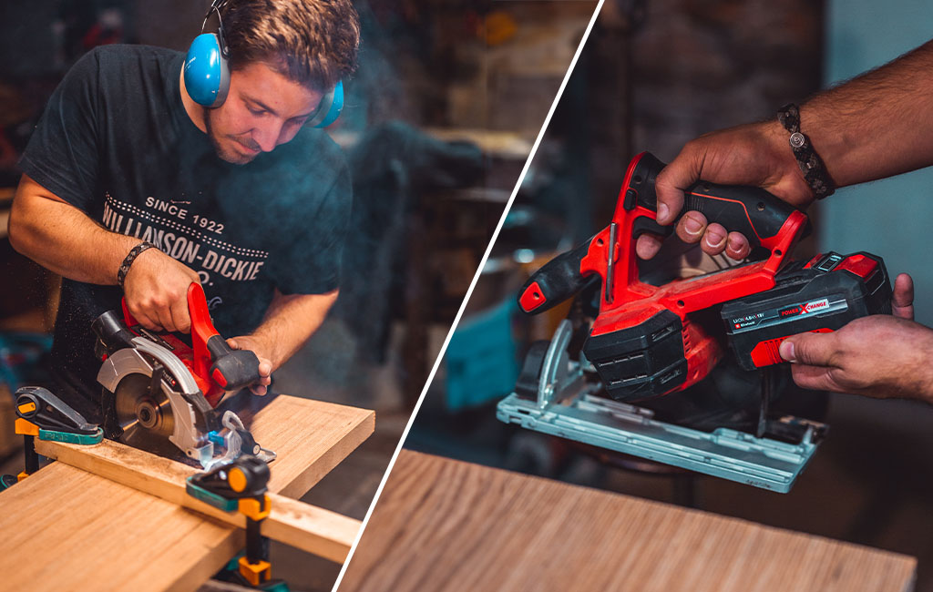 Links schneidet ein Mann Holz mit einer roten Handkreissäge, rechts hält er das Gerät mit Power X-Change Akku.