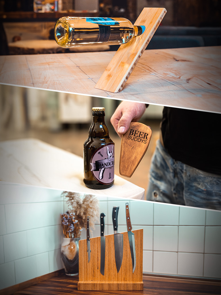Drei Holzprodukte: ein schräger Flaschenhalter mit Weinflasche, ein gravierter Flaschenöffner mit „BEER BUDDYS“ und ein Messerblock mit vier Messern.