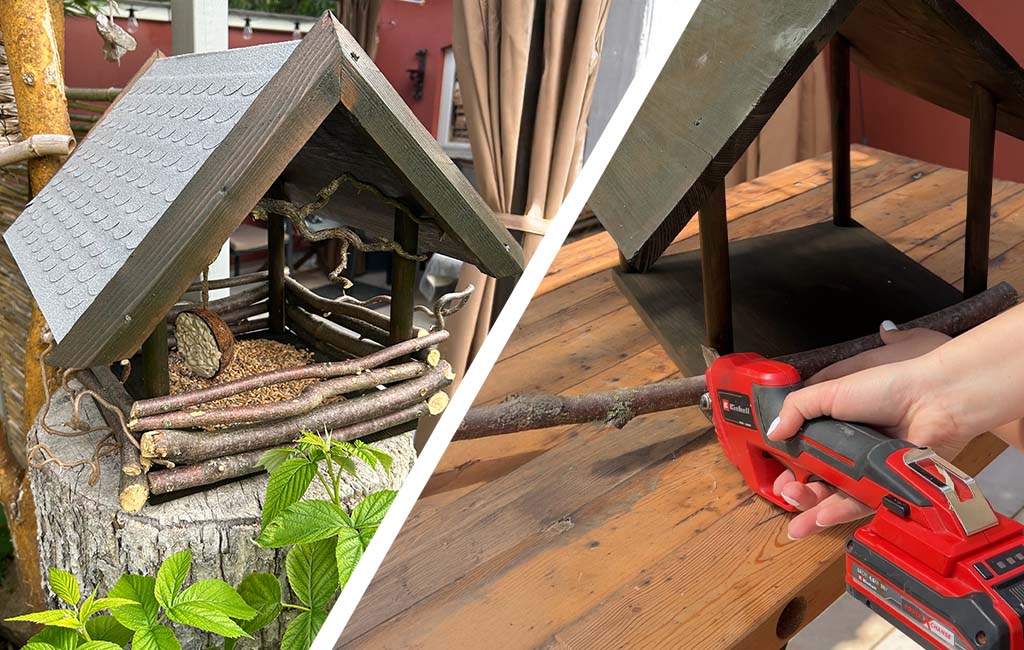 Links das fertige Vogelhaus im Garten, rechts die Montage mit einem Einhell Akku-Werkzeug und einem Ast.